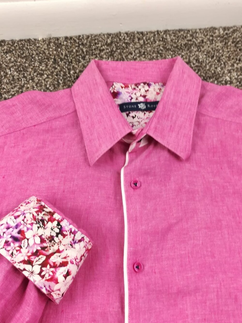 Stone Rose Shirt Linen Floral Flip Cuff L/S Button Up Pink Mens 3 (Medium)